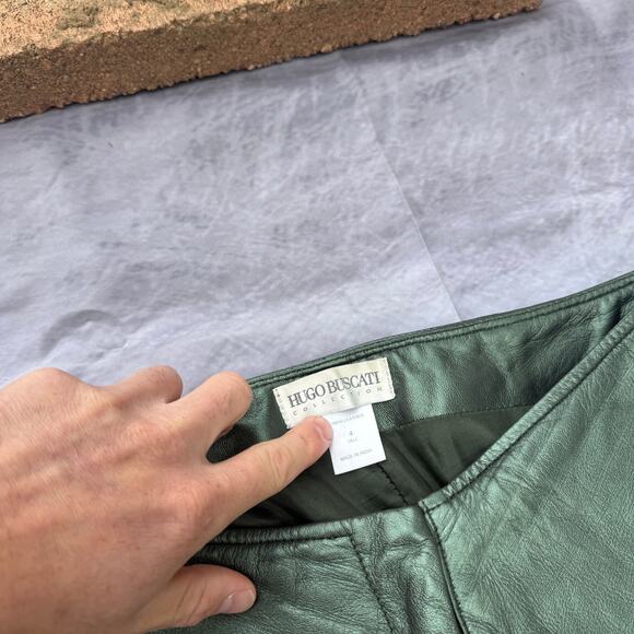 Women's Vintage 90's Hugo Buscatti Shiny Green Leather Casual Pants Sz 4 Tall - Picture 3 of 8